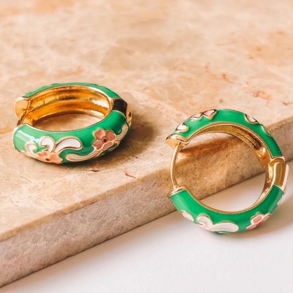 RESTOCKED! Floral preppy colorful green enamel & gold hoop earrings 💚🍀🌸🦩 - Picture 3 of 3